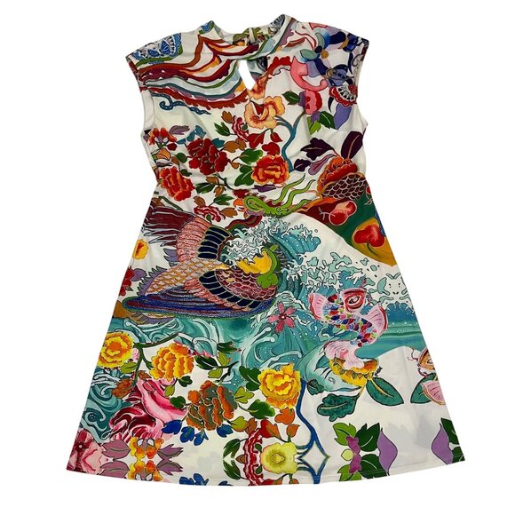 Hale Bob Dresses & Skirts - Hale Bob dress women's M white multicolor koi print cap sleeve keyhole open